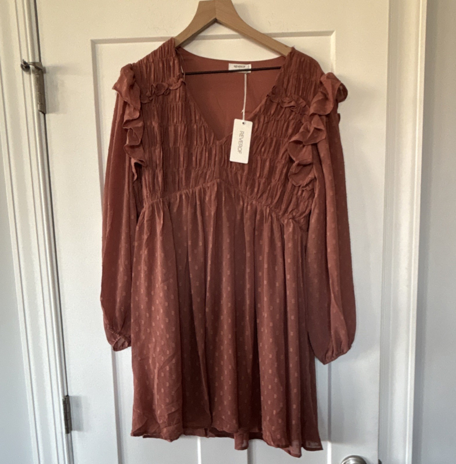 NWT REVEROF Women’s Polka Dot Mini A-Line Dress Chiffon Ruffle Balloon Sleeve L