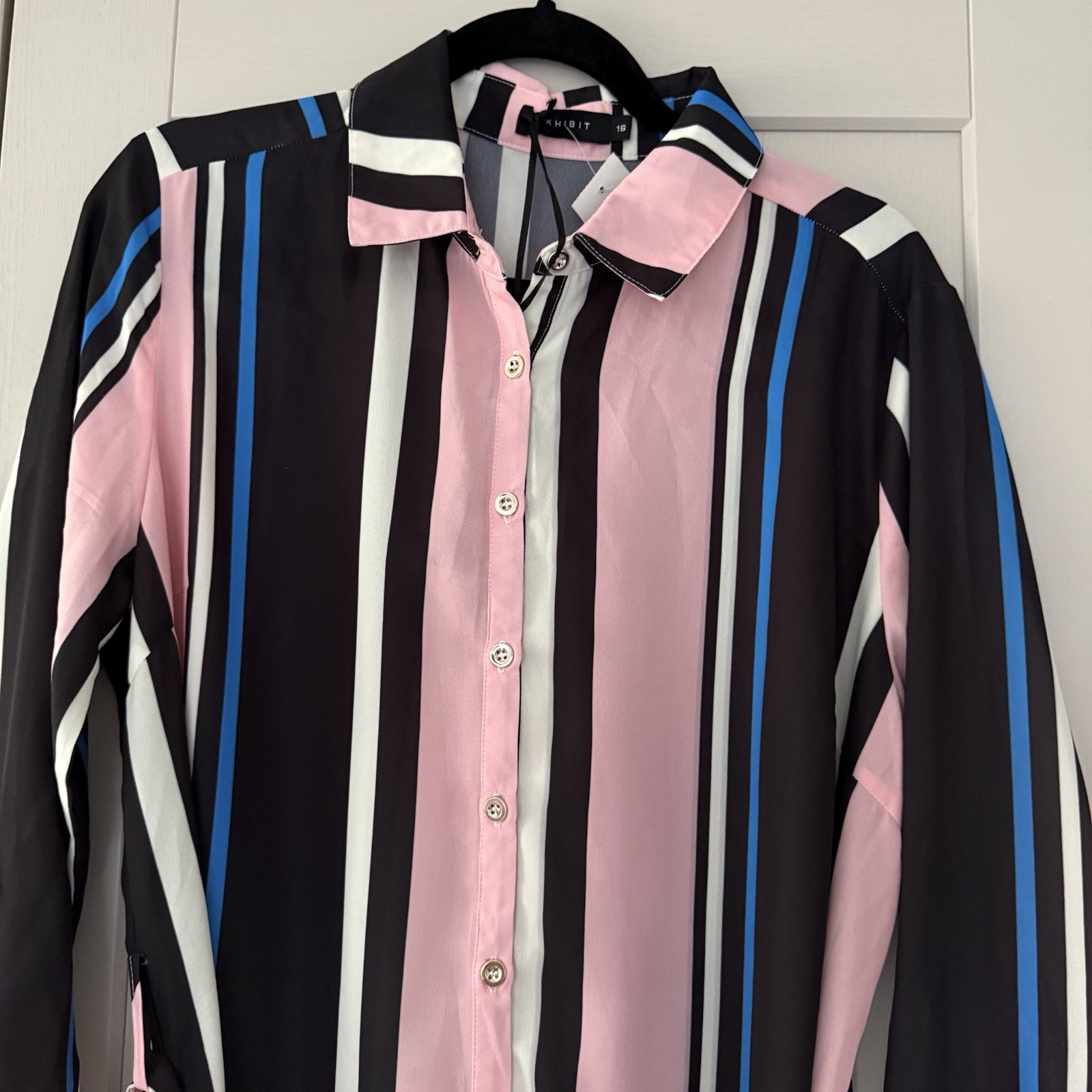 Exhibit Black Pink Blue Striped Shirt Dress UK 16 BNWT Tie Belt Roll Tab Sleeves