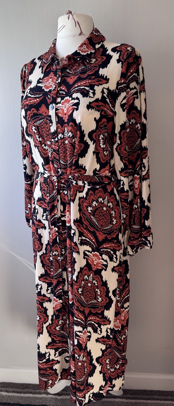 Full Length Patterned Long Sleeve Collared Shirt Dress From F&F Size 20