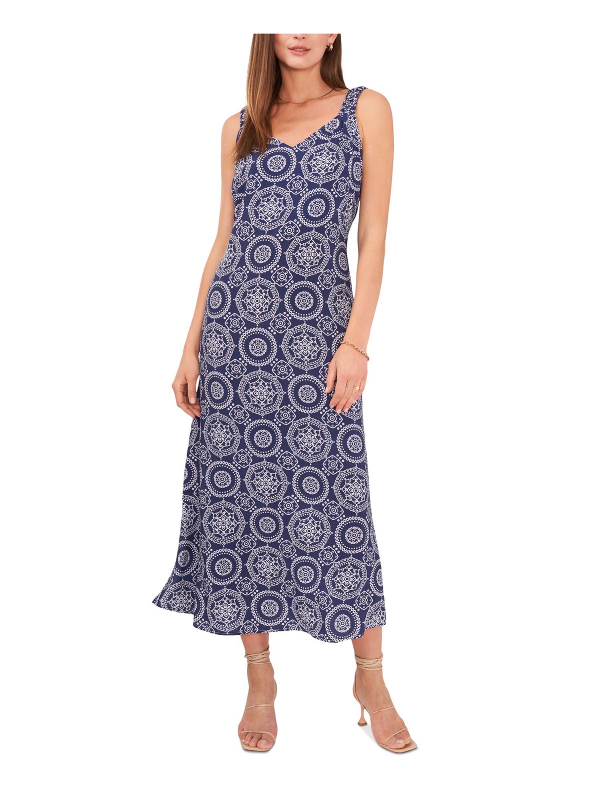 VINCE CAMUTO Womens Navy Unlined Pullover Sleeveless V Neck Midi Shift Dress XS