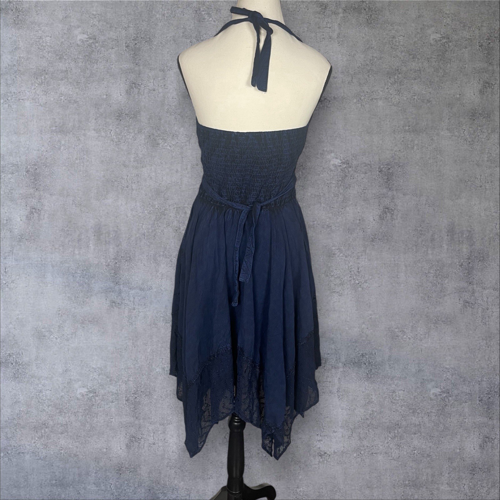 Boho Halter Handkerchief Hem Midi Dress Embroidered Lace Fairy Cottage Whimsical