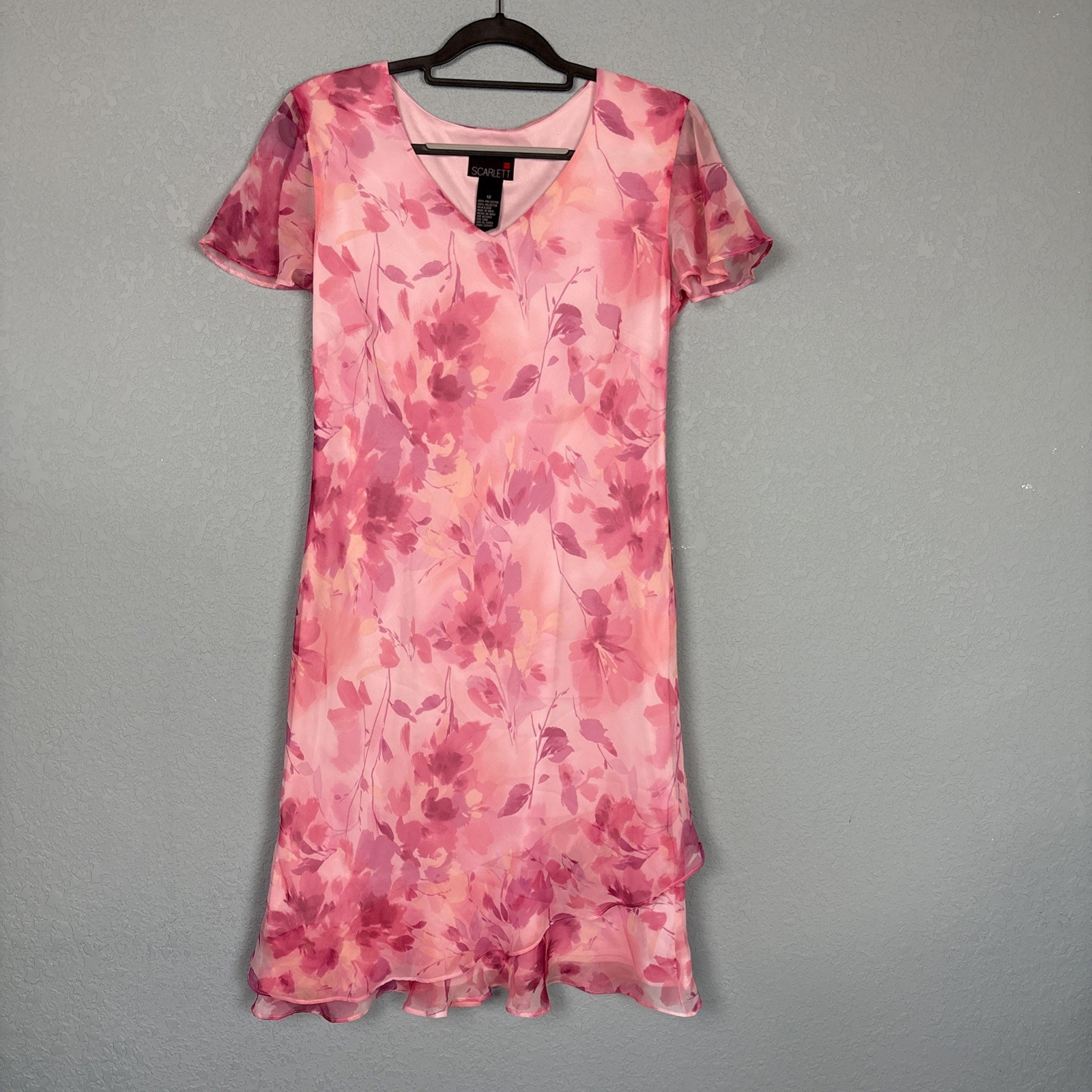 Vintage Y2K Scarlett Sz 12 Midi Length Dress Pink Ruffled Floral Fairy Sheer