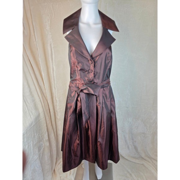 Women’s Brown Satin Collared Button Front Belted Flared Dress Size 10