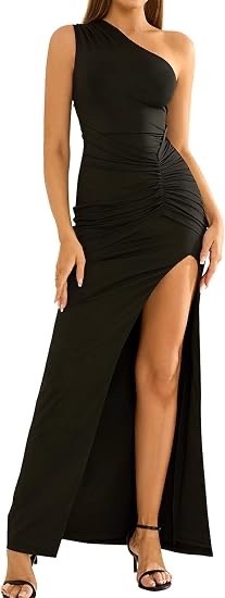 EYNMIN Women’s One Shoulder Long Dress Sleeveless Ruched Bodycon (Black,Medium)