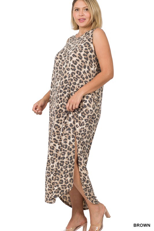 1X 2X 3X PLUS ZENANA BROWN LEOPARD SLEEVELESS ROUND NECK MAXI DRESS BHCS