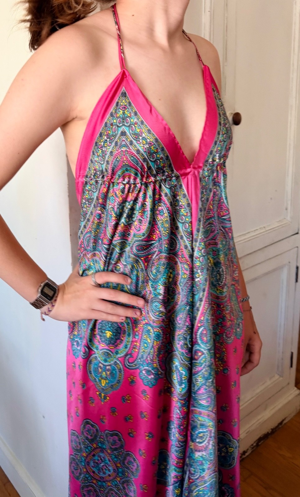 long satin boho dress hot pink turquoise halter top low back excellent condition