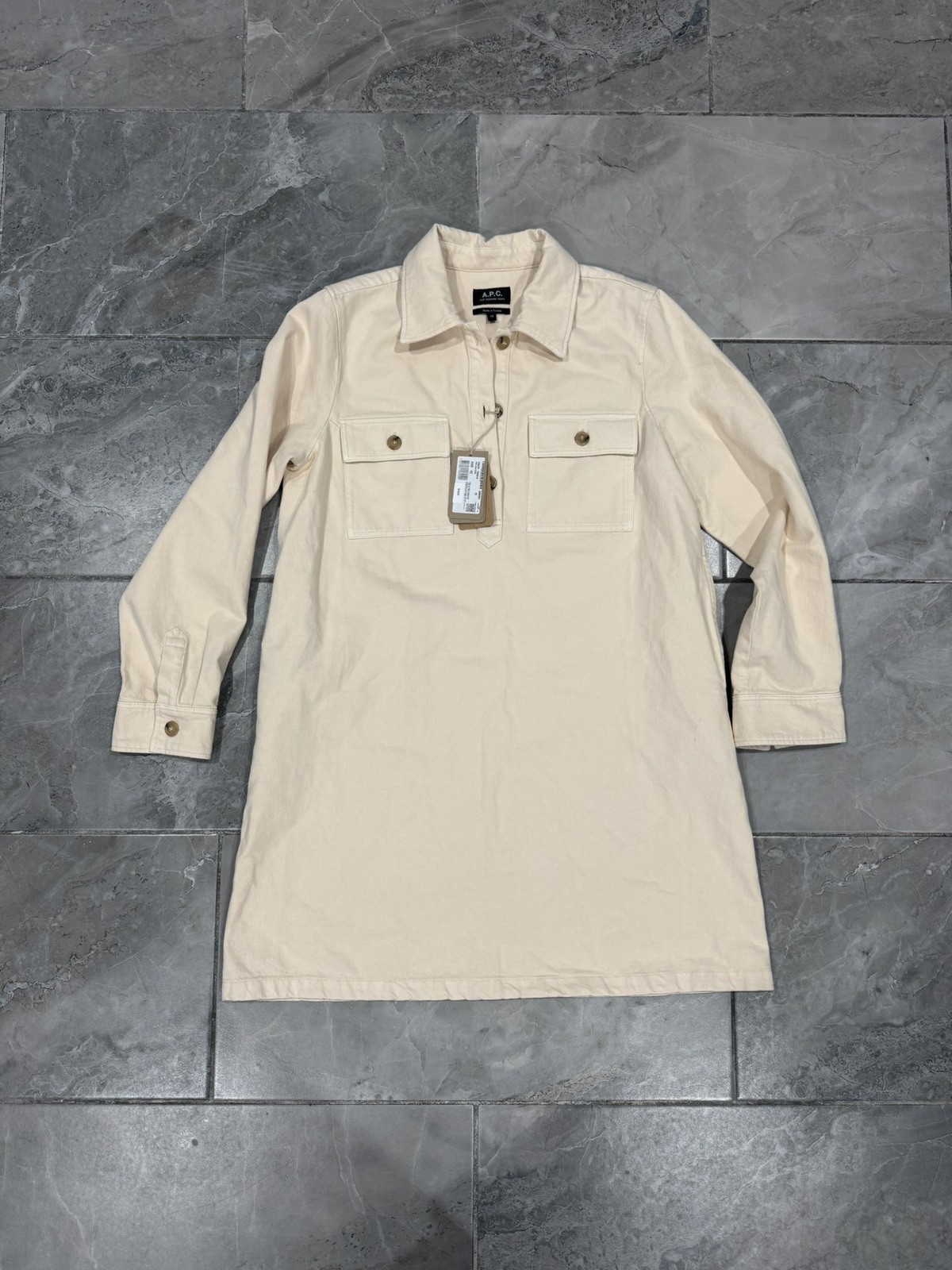 New with Tags A.P.C. RUE MADAME PARIS Beige Denim Shirt Dress Size 42 Tunisia
