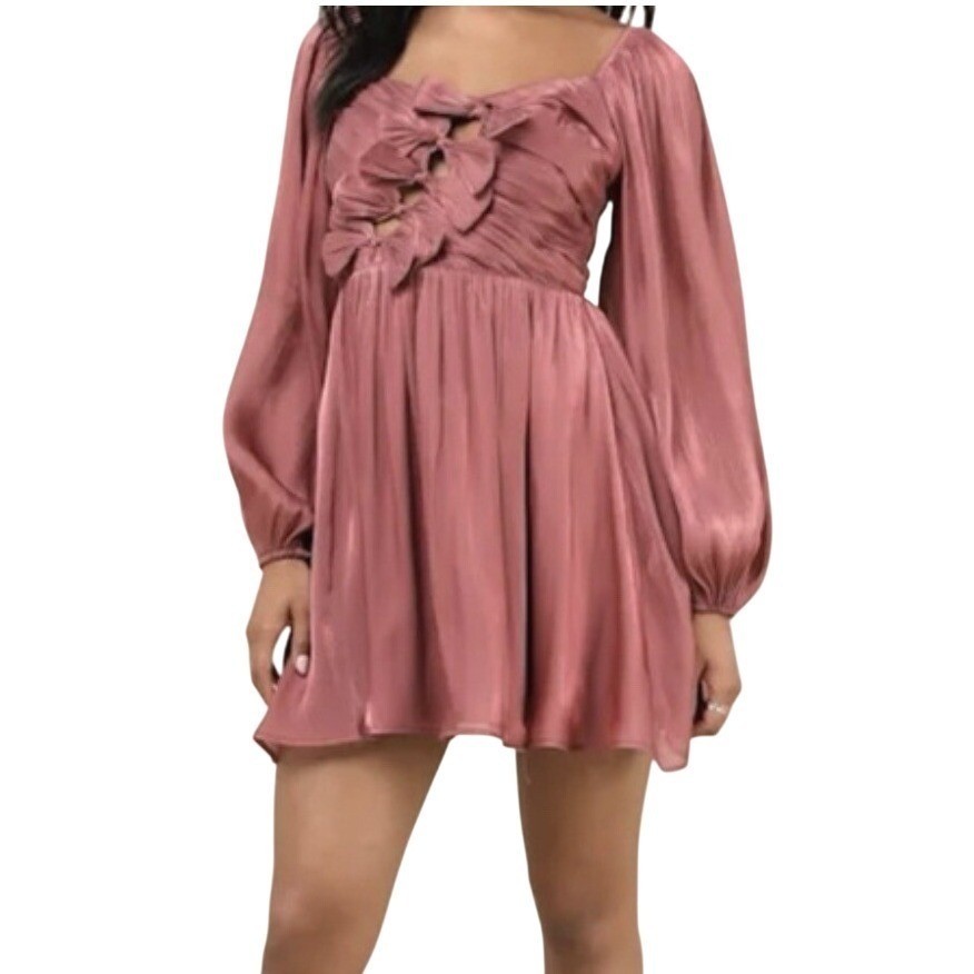 Lulus Mauve Pink Pleated Bow Front Balloon Sleeve Mini Dress Small New