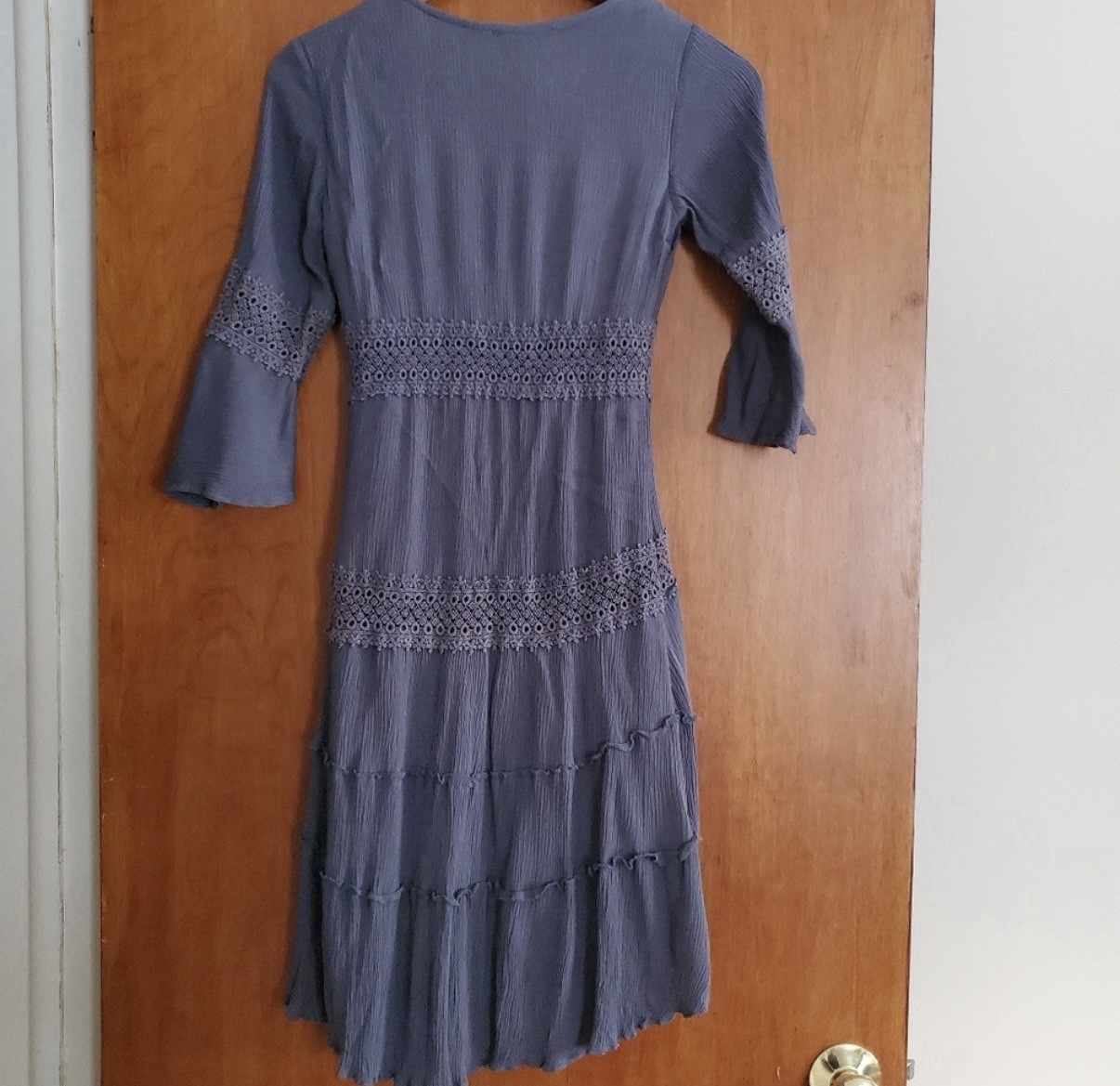 Solitaire Boho Cottagecore Blue Rayon Dress XS Crochet Lace Tiered Bell Sleeve