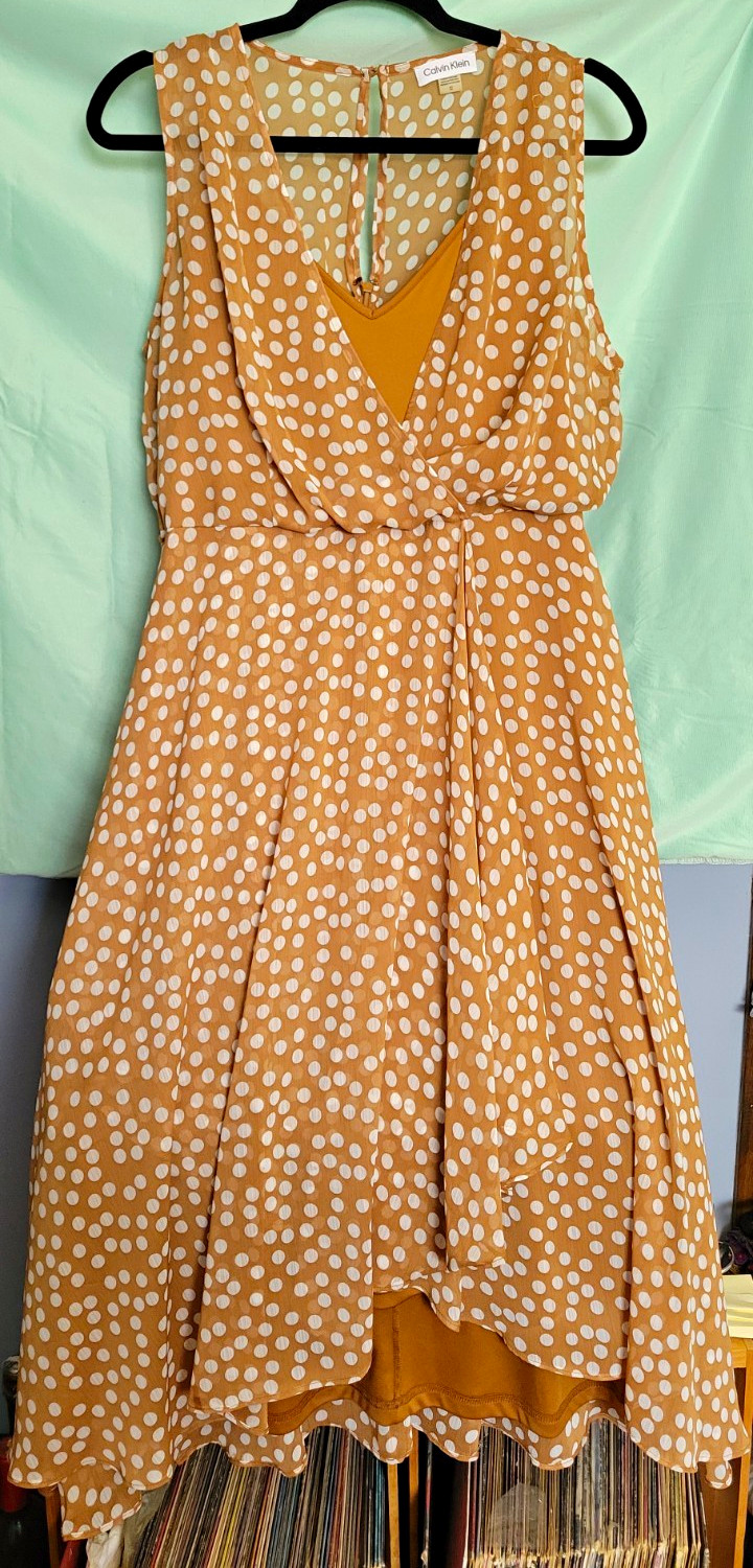 Calvin Klein Women’s A-Line Polka Dot V-Neck Knee Dress Chiffon 12 Tan