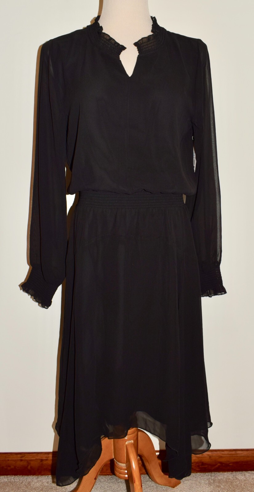 New Womens Time and Tru Dress Medium Black Sheer Long Sleeve Handkerchief Hem