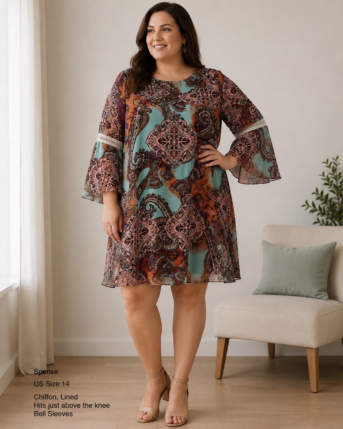 Spense Women’s Bell Sleeve Tunic Dress Chiffon Festival Retro XL 14 Boho Fairy