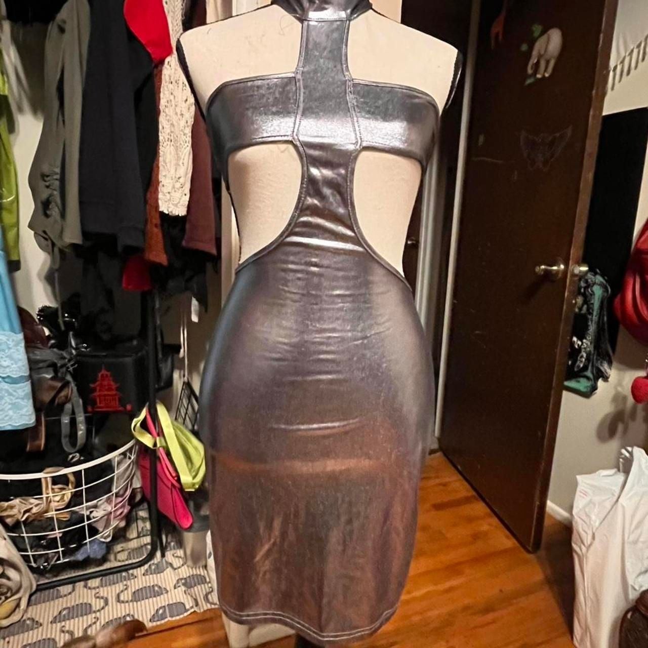 Silver Metallic Cut-Out Mini Dress futuristic festival club outfit