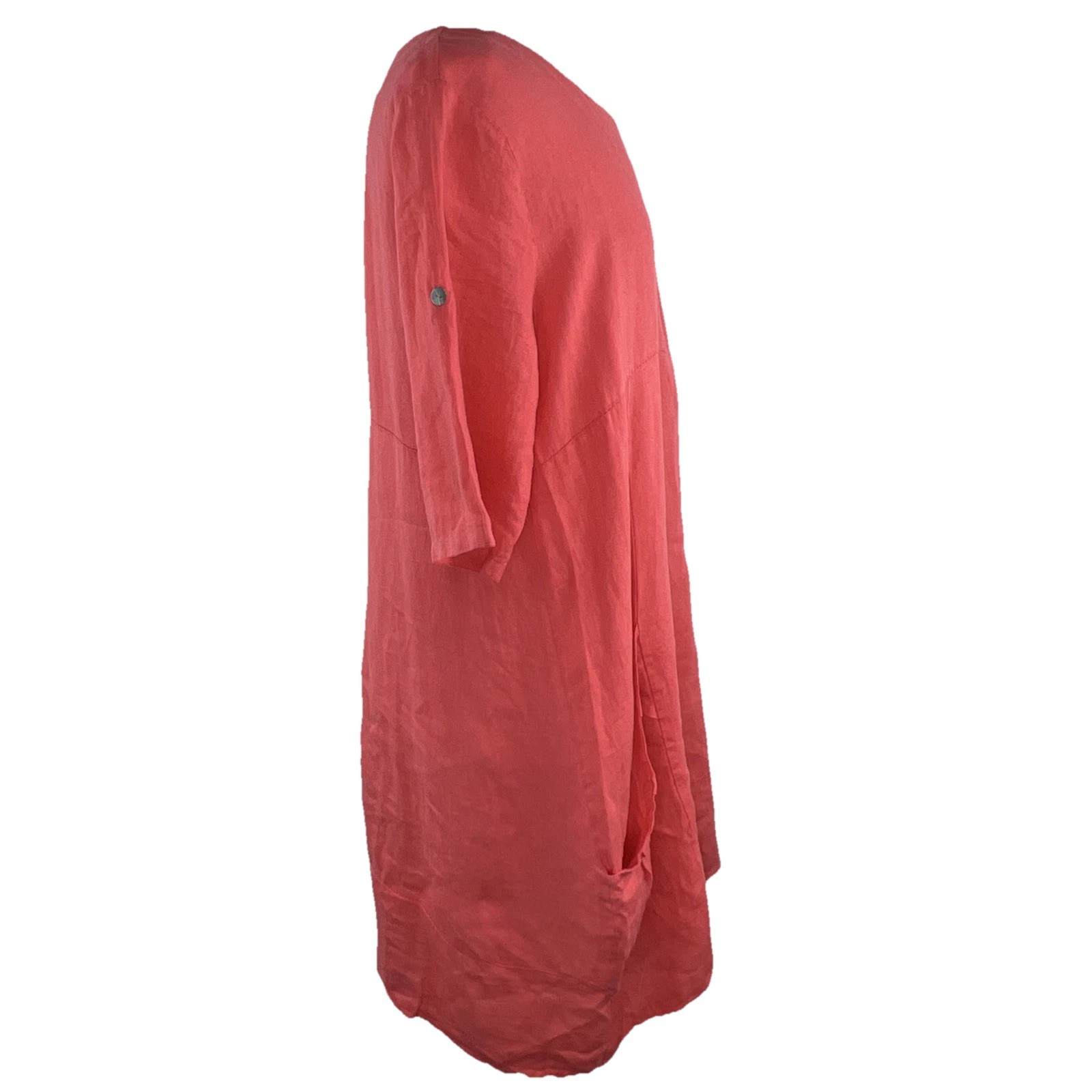 OSO Casuals L Melon Linen Short Roll Tab Sleeves Lagenlook Pockets Italy Dress