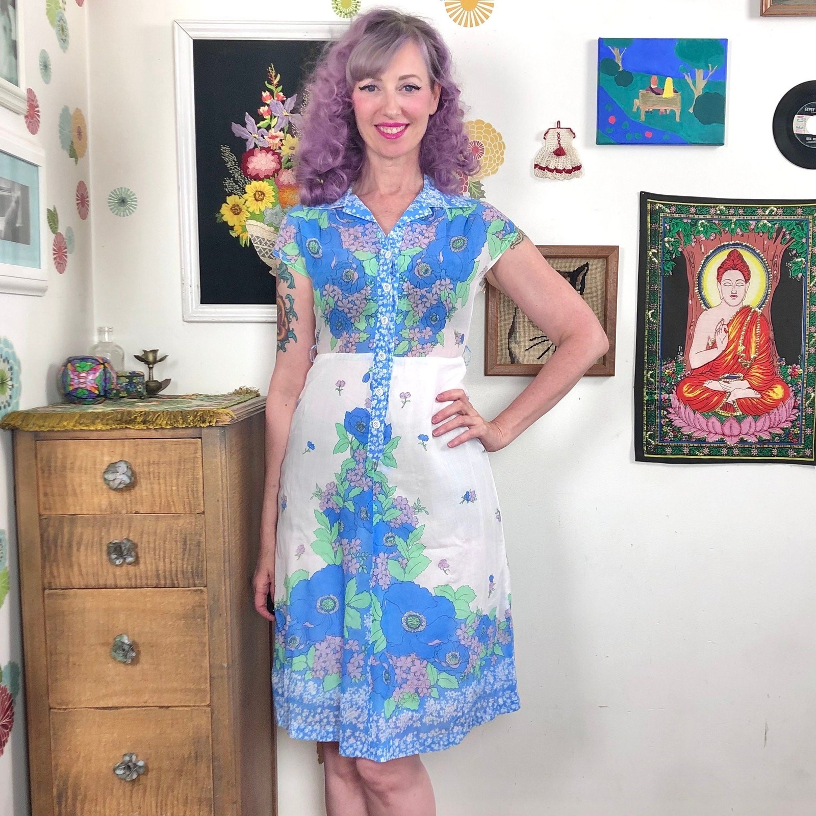 Vintage Garden Party Summer Dress, 1970s Blue Floral Day Dress Sz S