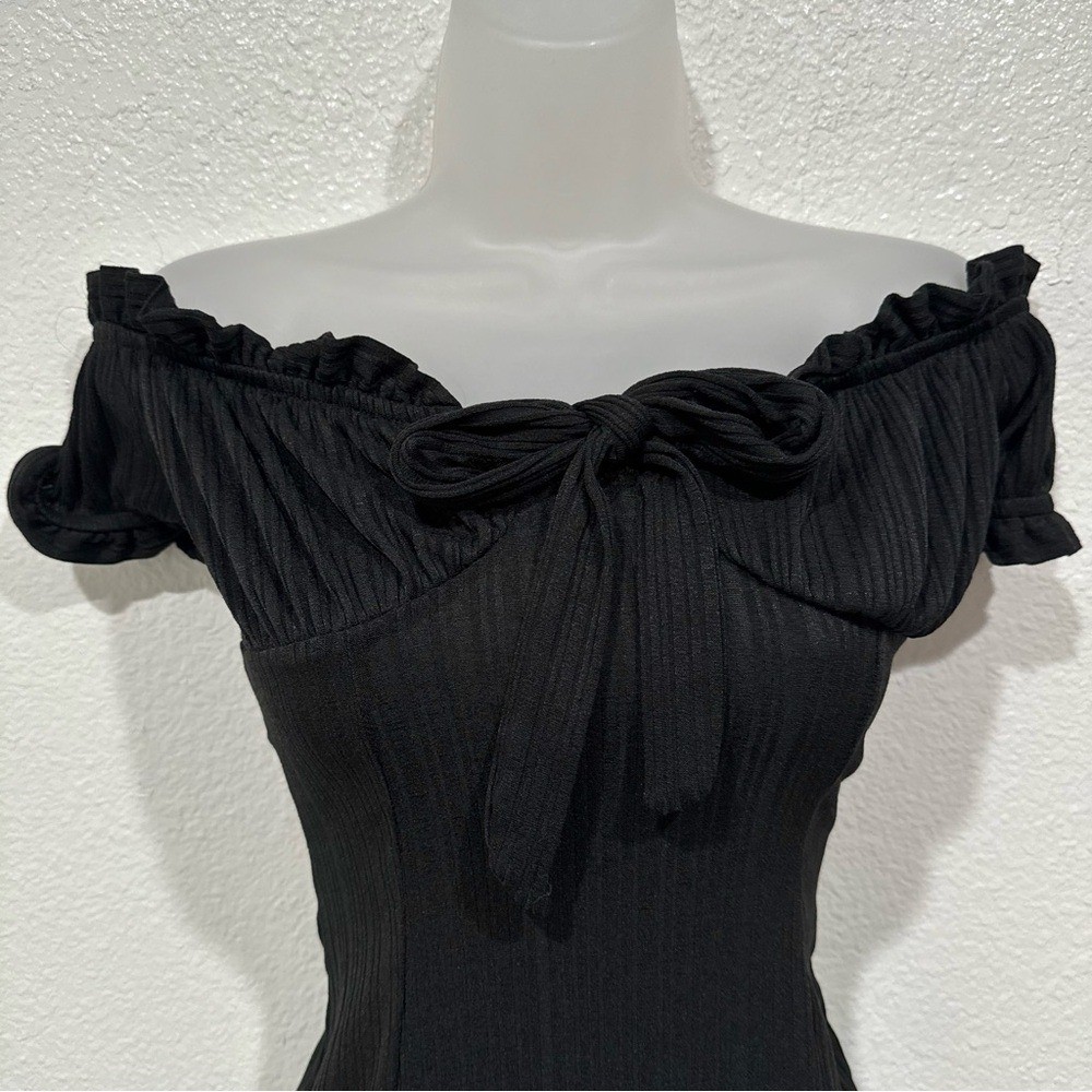 charlotte russe black ribbed off the shoulder ruffle front tie bodycon dress