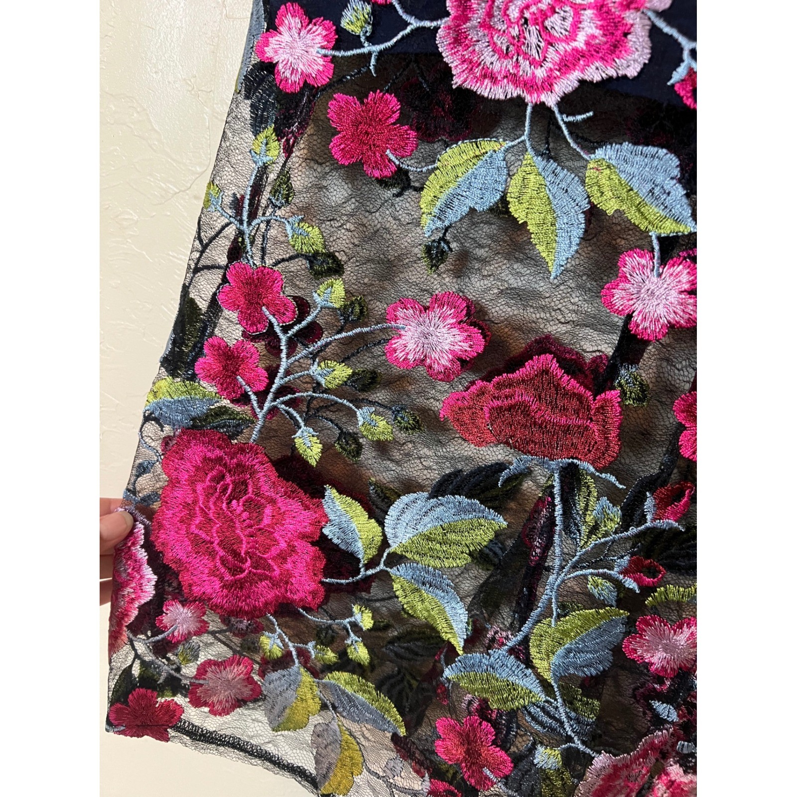 Sam Edelman Peony Embroidery Midi Dress Navy Floral Lace Slit Women 10 Whimsical