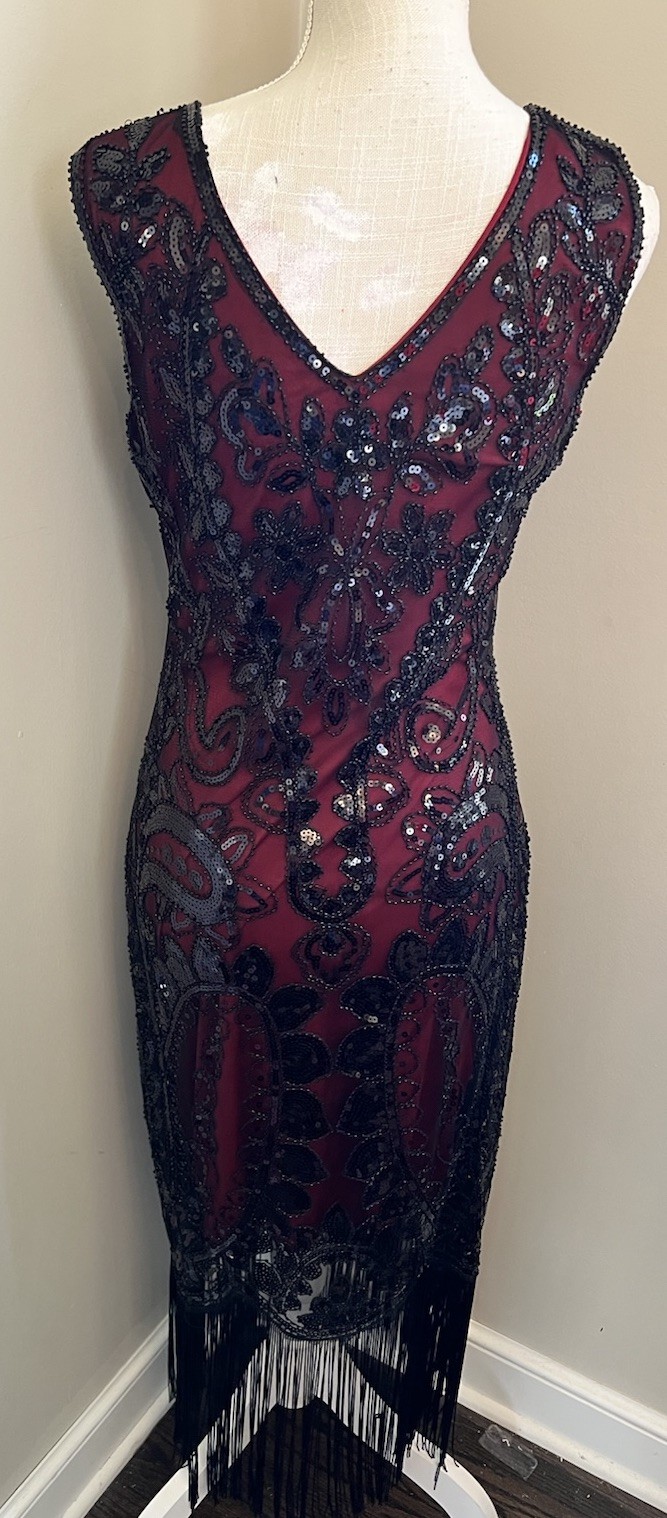 PrettyGuide 1920s Flapper Dress & Headband Set Burgundy Sequin Art Deco Fringe M
