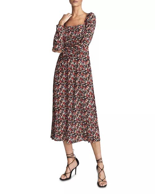 Reiss Miller Midi Dress Boho Peasant Romantic Floral Square Neck Sz 4