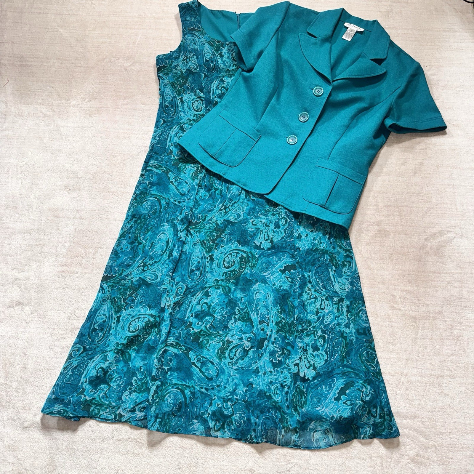 Studio I 2 Pc Dress Jacket Set Size 12 Teal Paisley Maxi Dress Formal