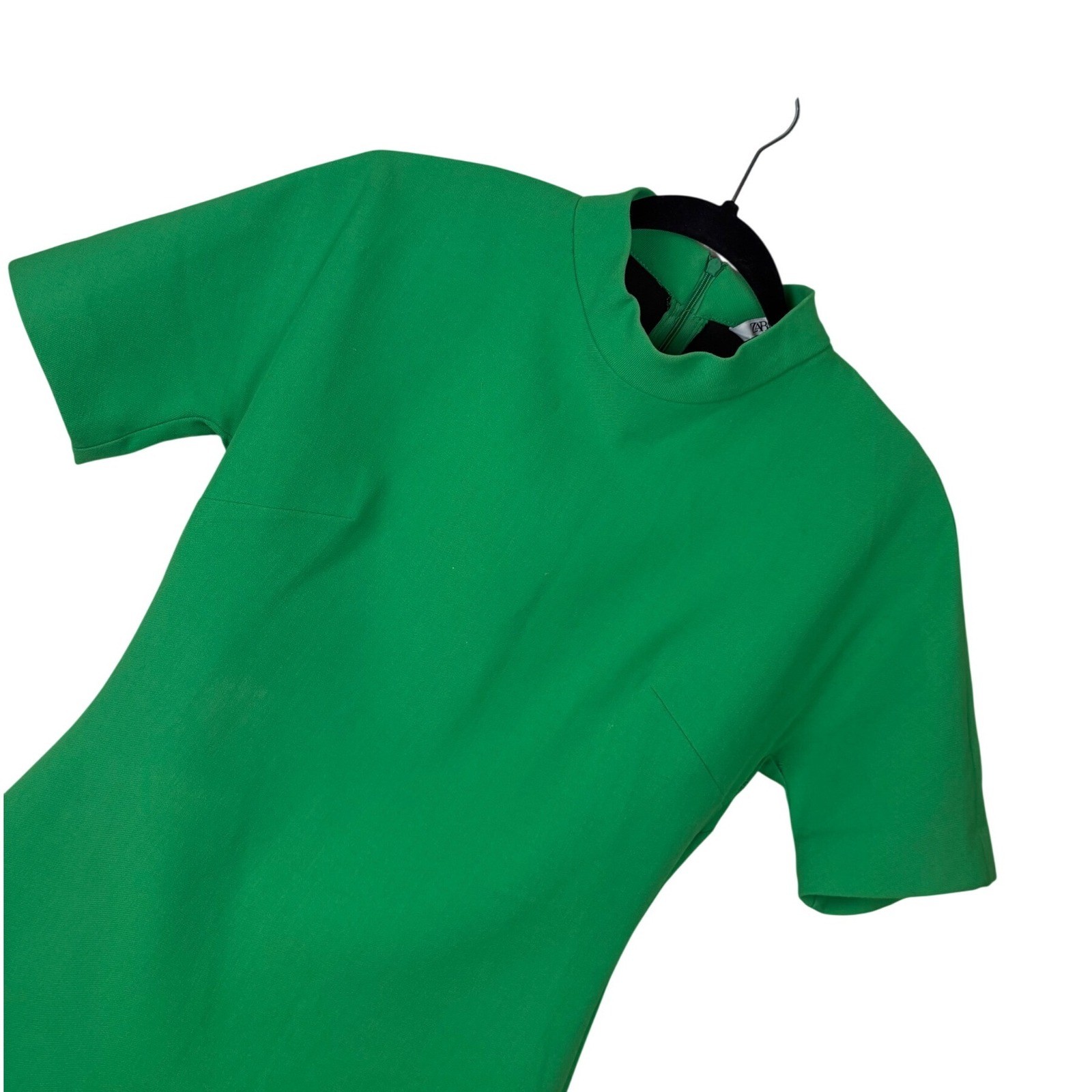 Zara Green Mock Neck Short Sleeve Textured Mini Shift Dress Small