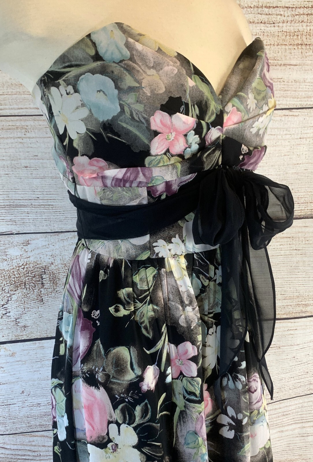 SIRI Strapless Party Dress 8 Black Floral 100% Silk Tie Belt Empire Waist Pleats