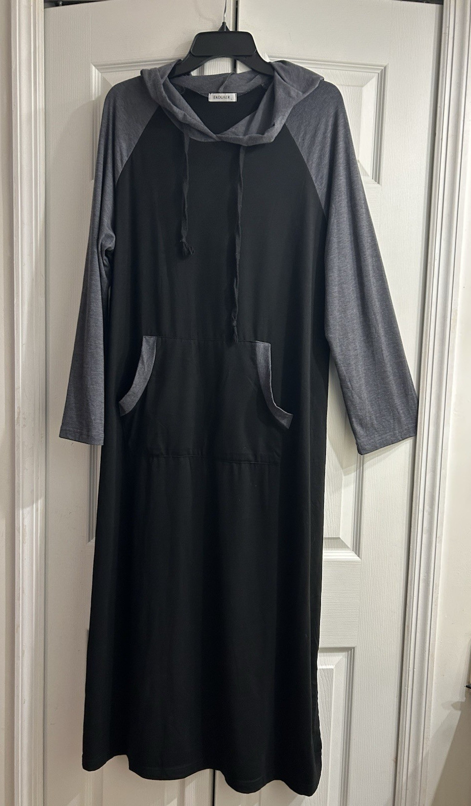 Ekouaer Black & Gray Maxi Hoodie Beach Dress~Pockets~44″ bust~51″ long~Slits~L