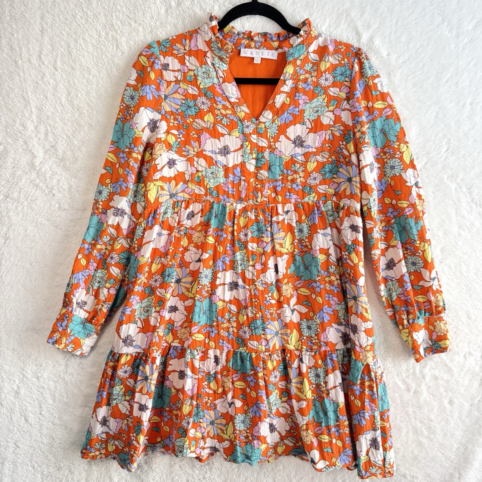 KARLIE Dress Women’s Small Orange Floral Mini Tiered Flowy Boho Casual Feminine