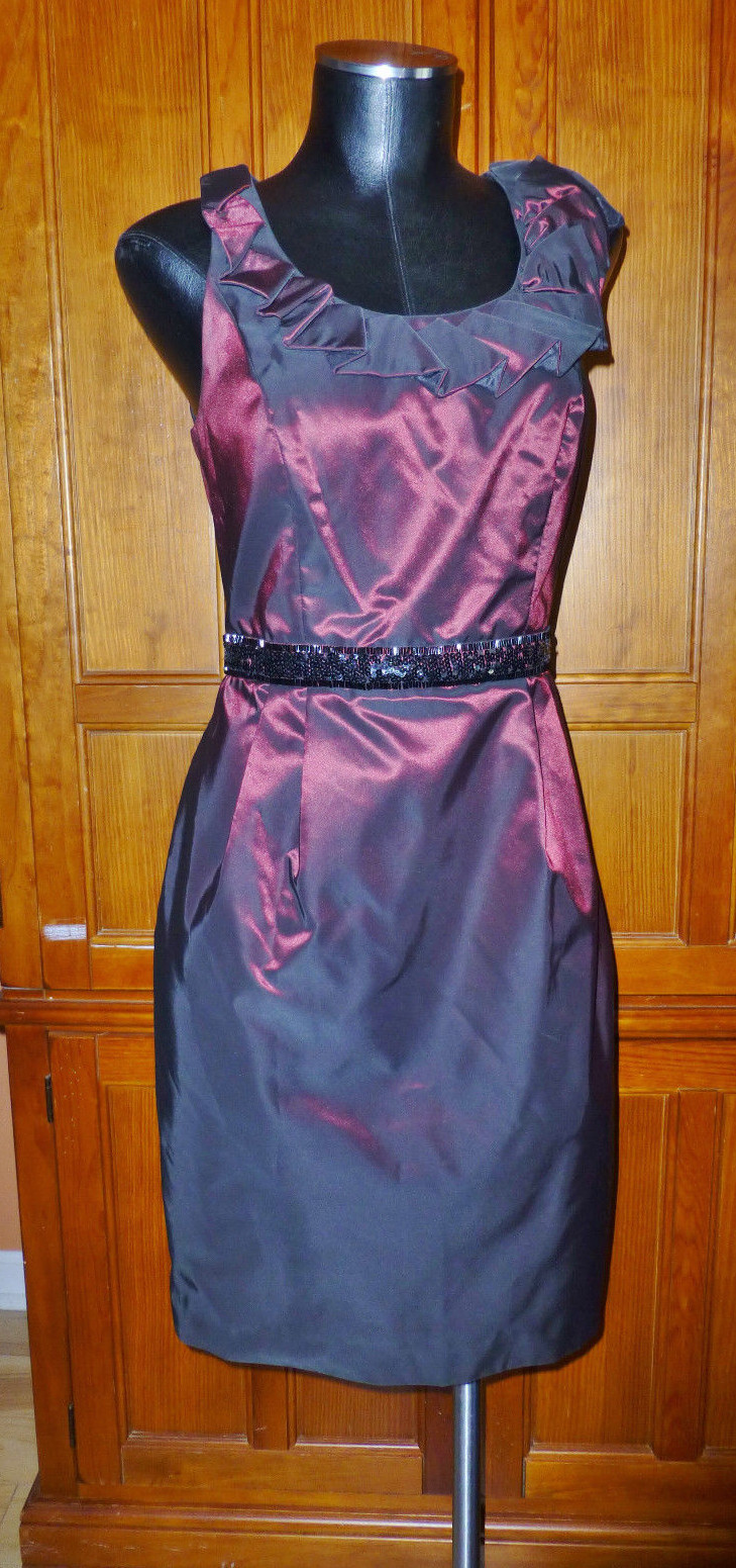 CARMEN MARC VALVO Burgundy Wine Taffeta Ruffle Sequin Cocktail Party DRESS sz 6