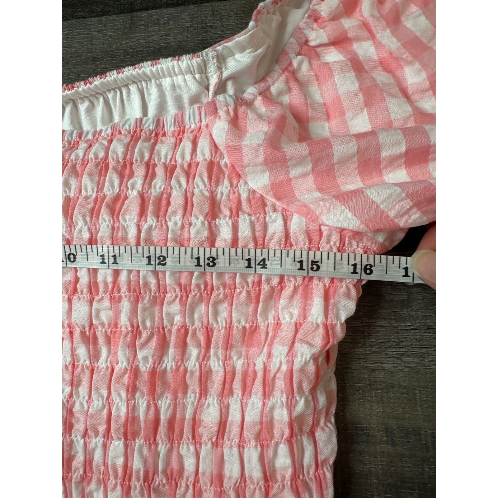 Pink Lily Gingham Smocked Pink Mini Dress Short Puff Sleeve Ruffle Hem Womens L