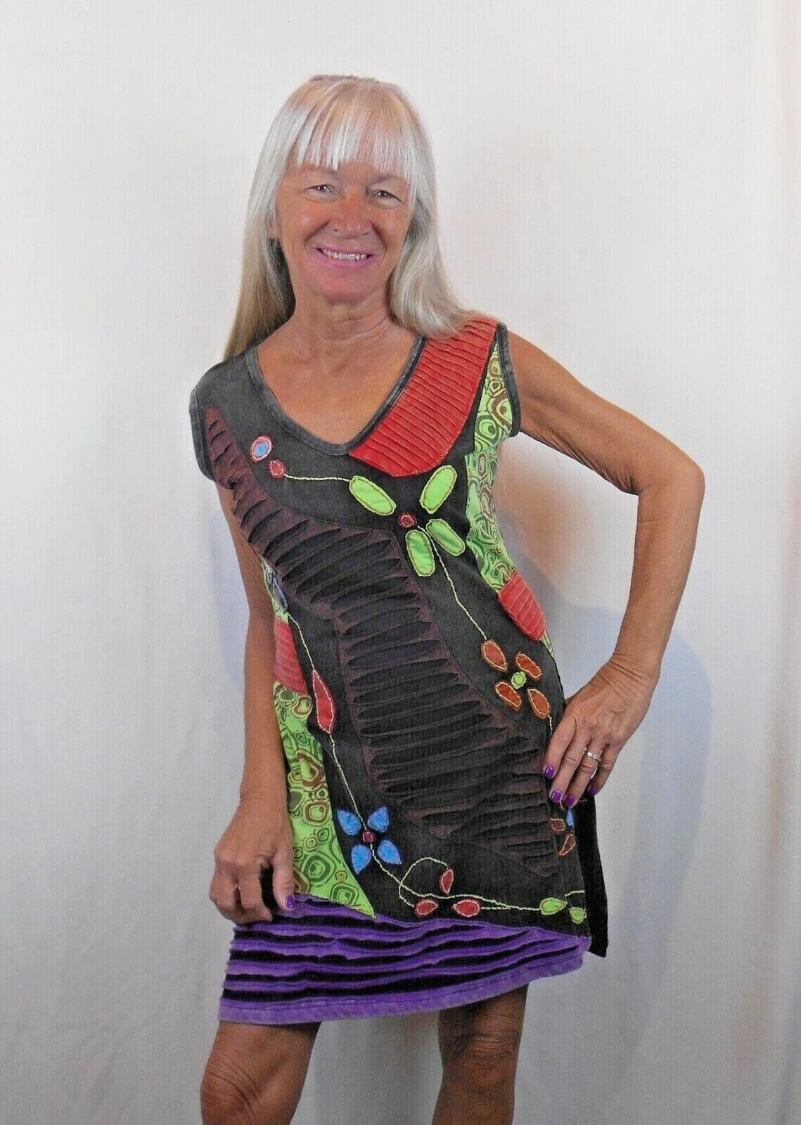 Rising International NEPAL DRESS APPLIQUE & EMBROIDERED FLOWER Handmade COTTON
