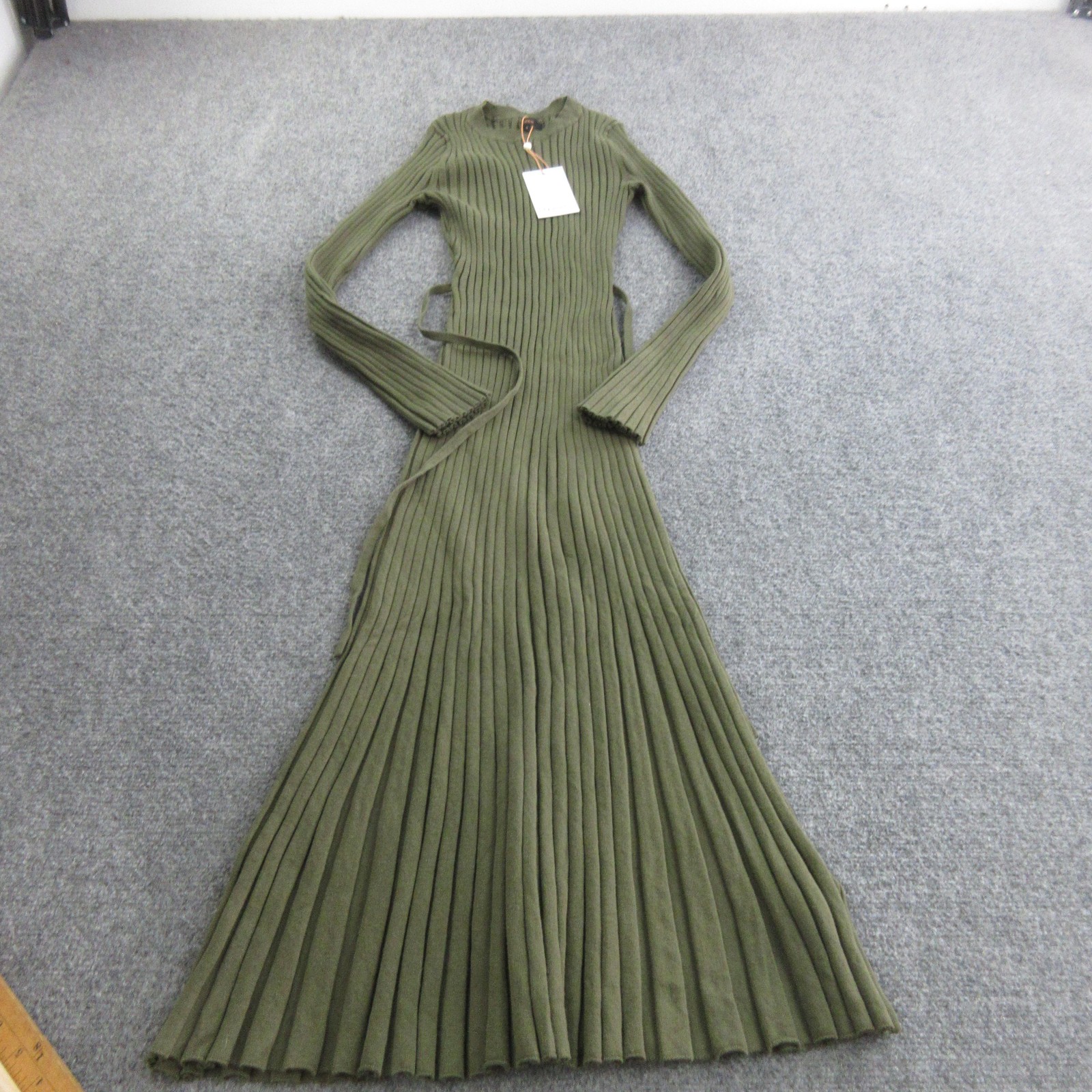 Quince Dress Womens S Green Rib Knit Sweater Maxi Belted Crew Neck Long Sleeve