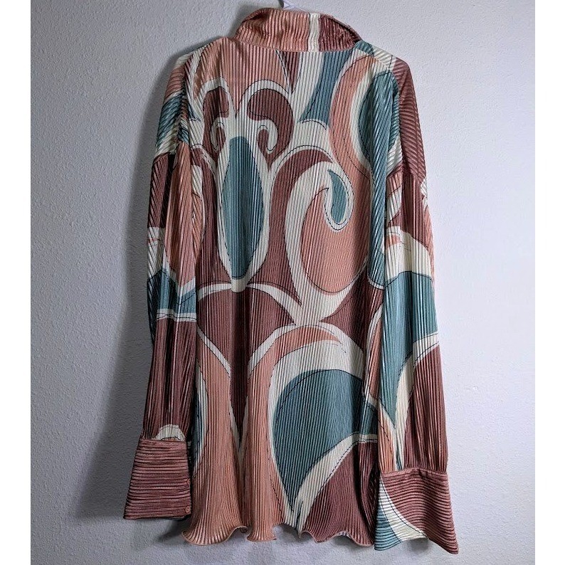 PrettyLittleThing Stone Abstract Print Plisse Frill Hem Shirt Dress US 10 NWT