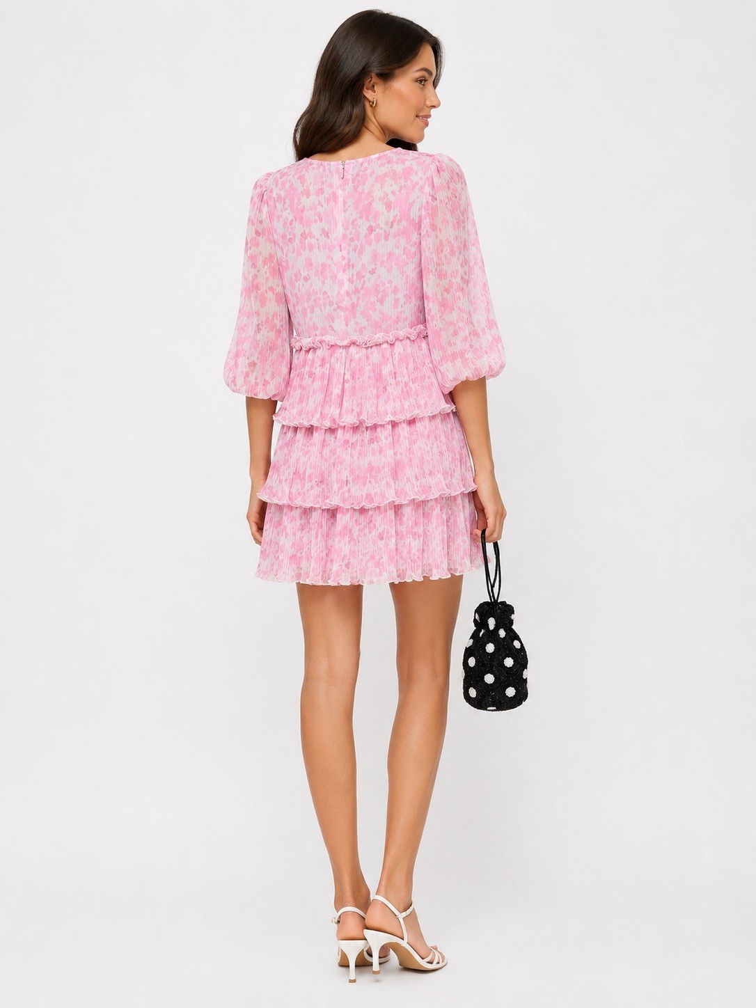Ganni Pink Floral Plissé Georgette Tiered Mini Dress Sz 38 US 6 Medium