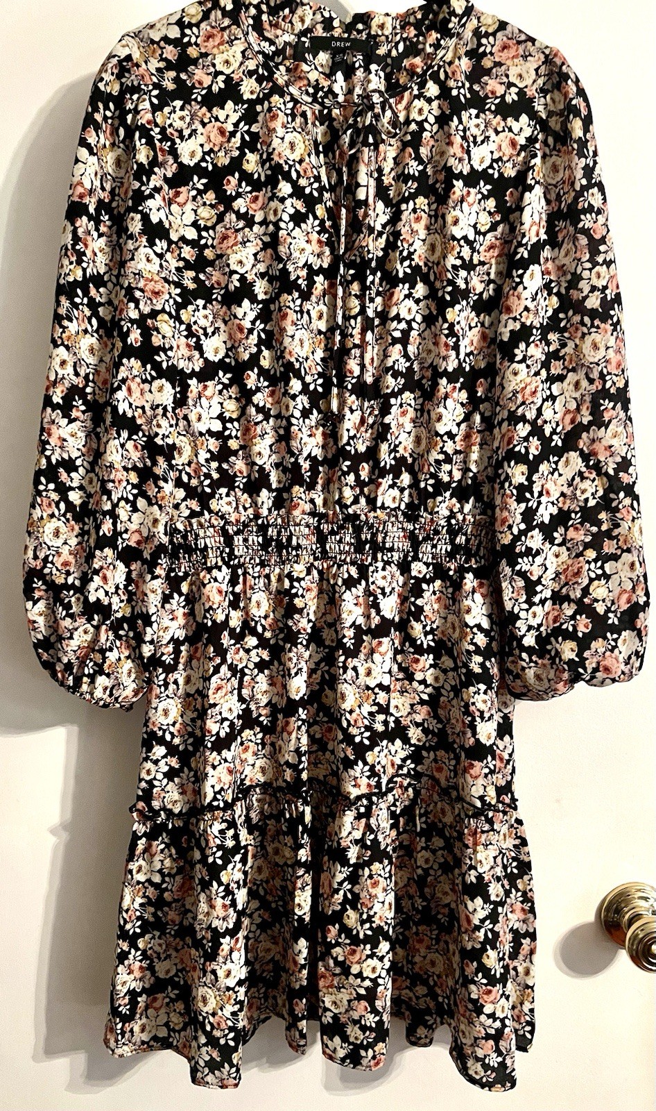 Drew Black White Pink Floral Long Sleeve Tie Neck Smocked Short Dress XS