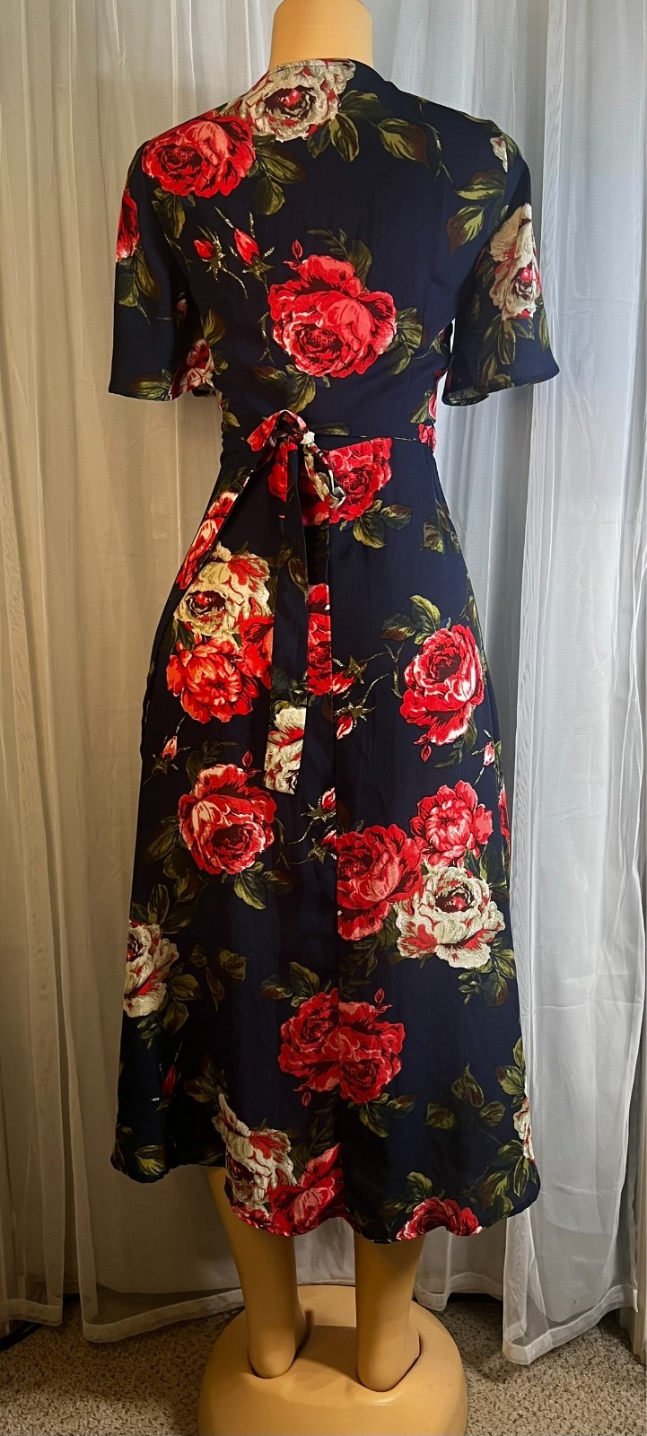 🌸Forever 21 🌸Women’s Medium Floral Wrap Dress Navy Pink Short Sleeve Tie Waist