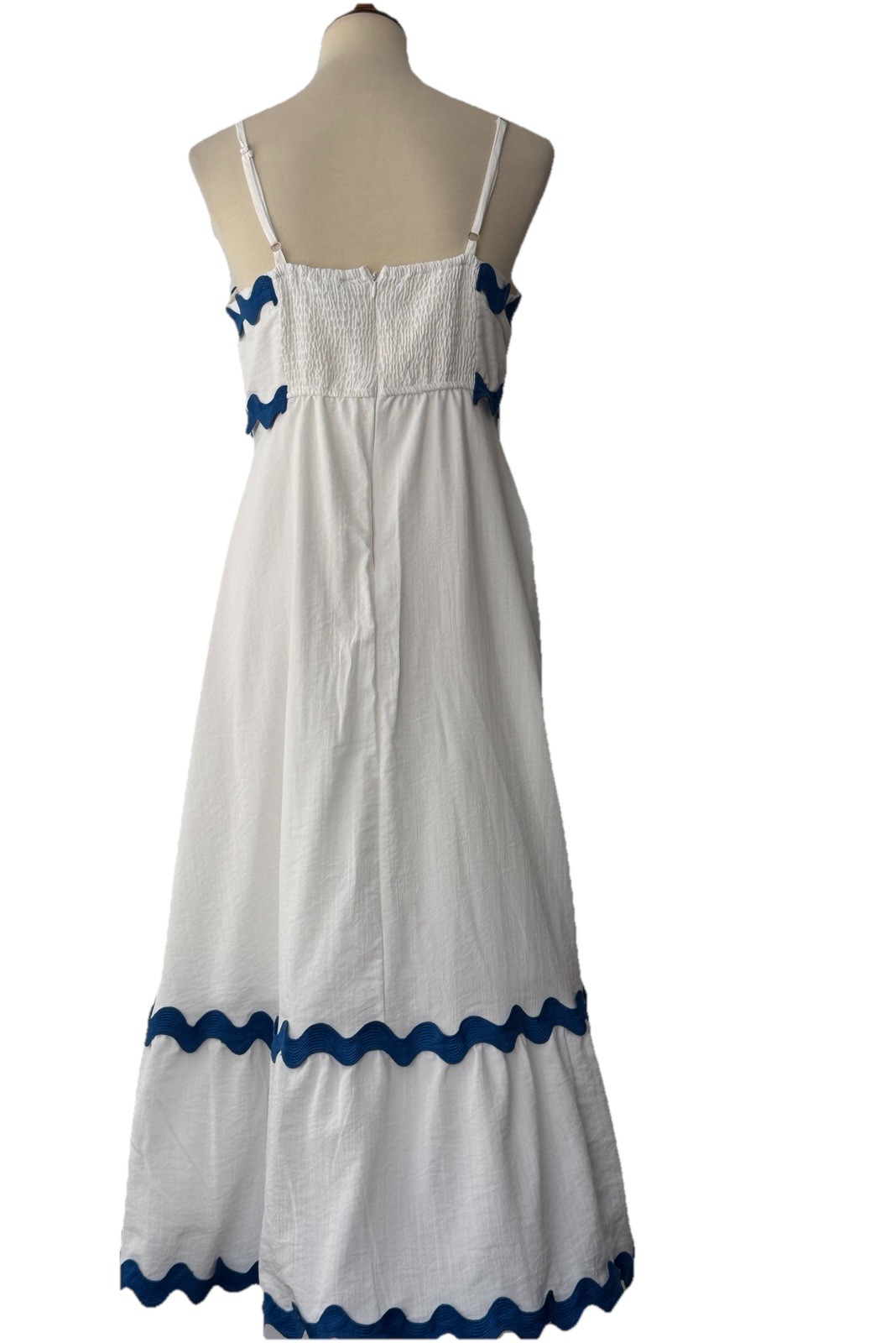 Fashion Maxi Sundress (S) Blue Zigzag Trim White Stretch Adjusting Straps Lined