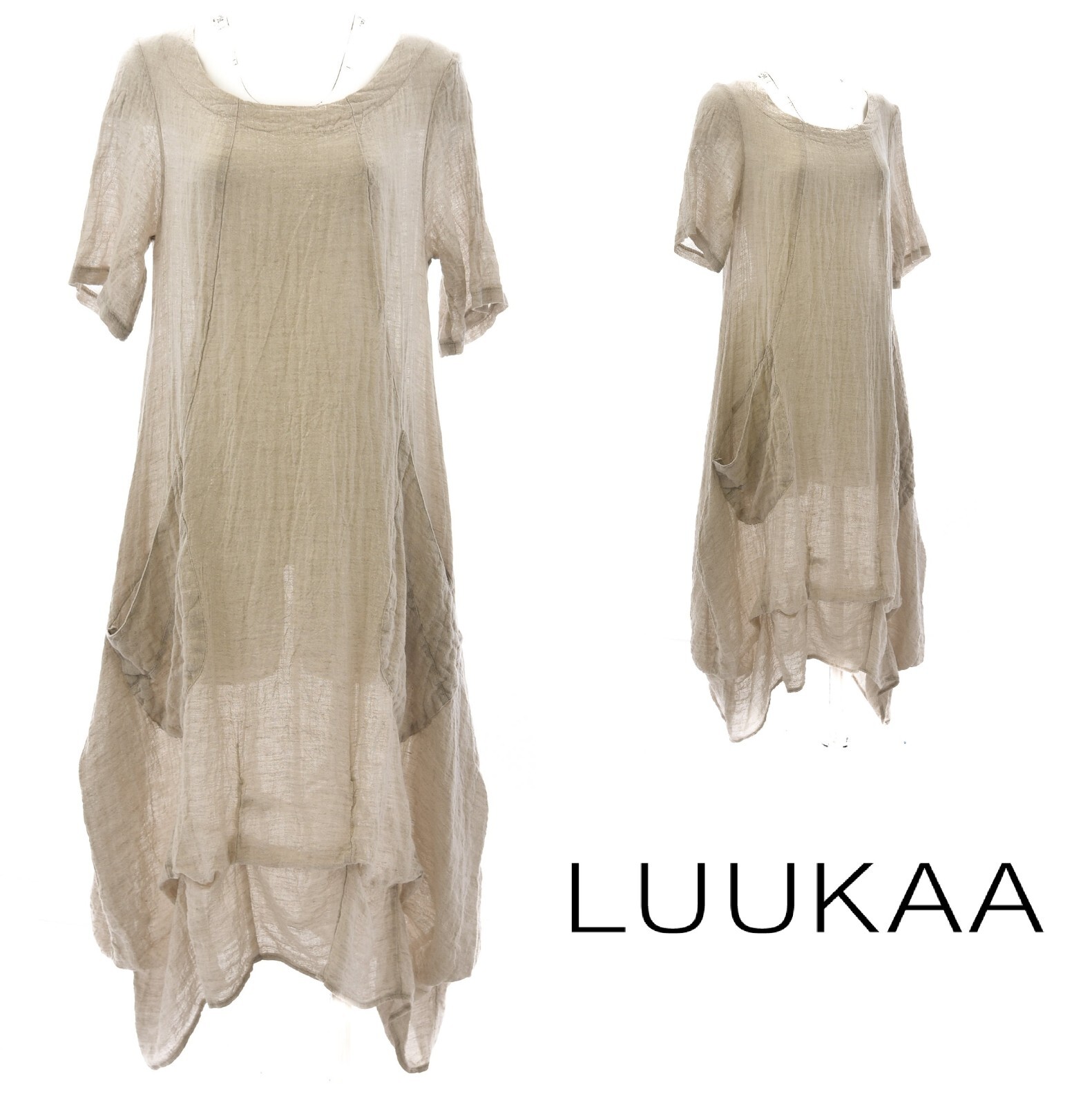 LUUKAA Linen Gauze A5009 LUCKY TUCKER DRESS Ruched Hem (sizes S-L) LIME GREEN