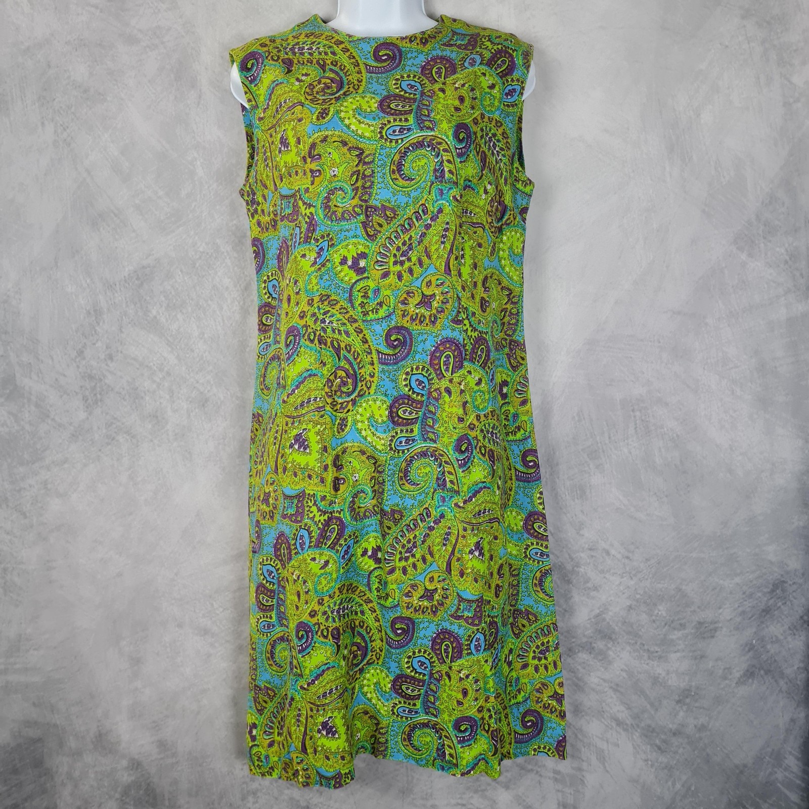 Vintage Paisley Shift Dress Womens Medium Green Blue Sleeveless Mod 60s