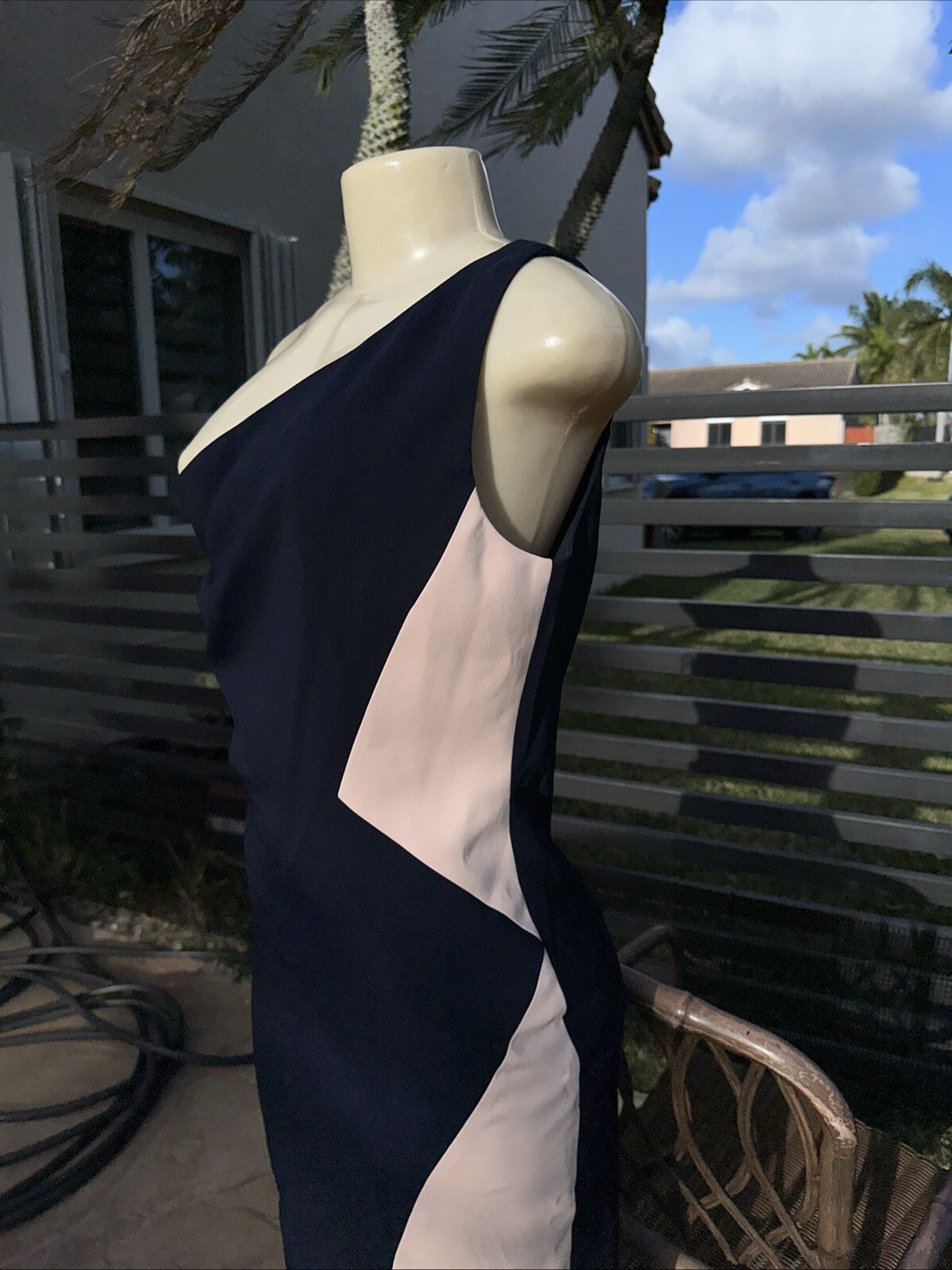 CUSHNIE ET OCHS BLUE & PINK ONE SHOULDER SLEEVELESS PENCIL DRESS FRONT SLIT Sz 6