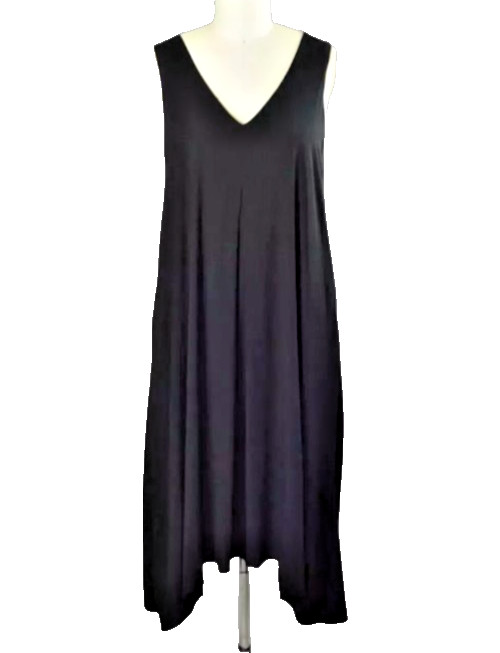 James Perse Trapeze Midi Dress Sz 0 XS Black V-Neck Lagenlook Handkerchief Hem