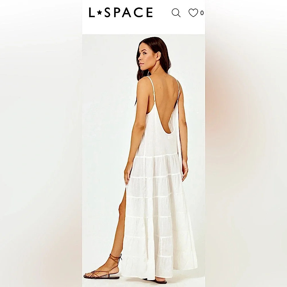 LSpace Anthropologie Goldie Cover Up Tiered Scoop Back Maxi Dress White M/L NEW