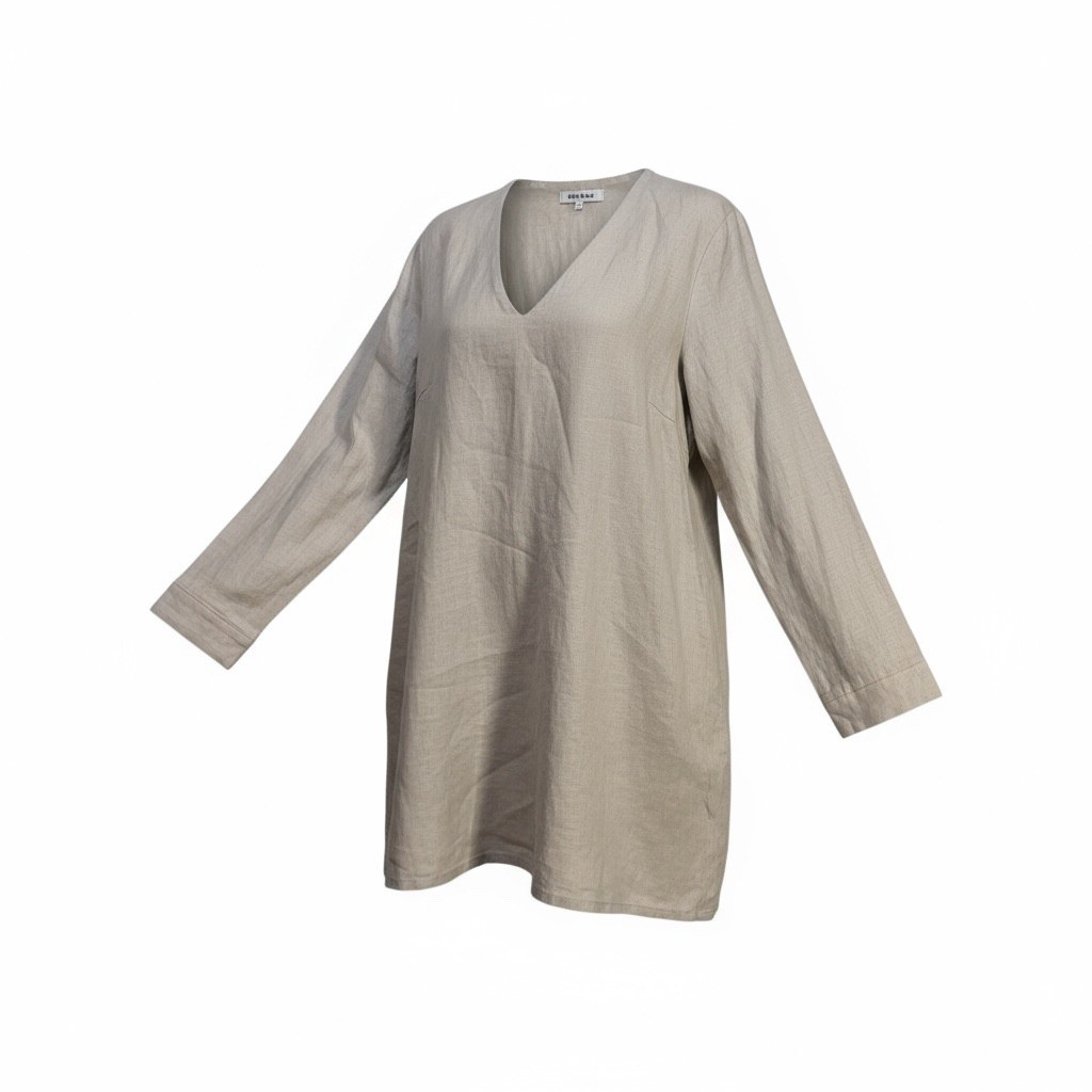 Becasa Medium Dress Womens Beige Long Sleeve V Neck Casual Linen Blend