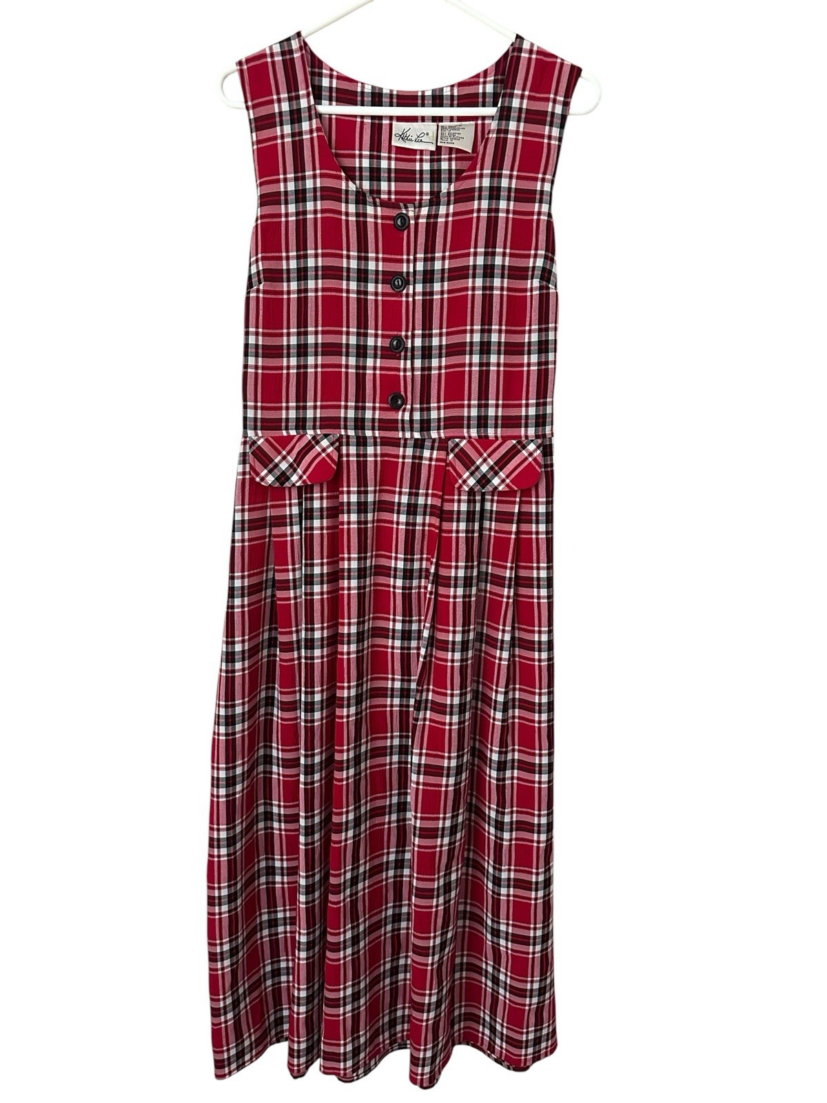 VTG Plaid Jumper Dress Sz 14 Red Black Modest Kathi Lee 90s Teacher Overall