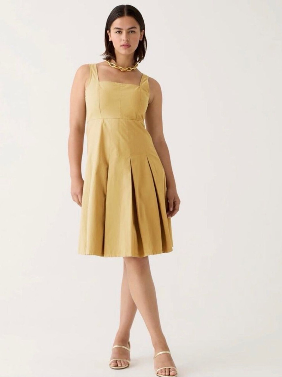 J.Crew Pleated A-Line Chino Dress Honey Brown Cotton Size 10 Square Neck Midi