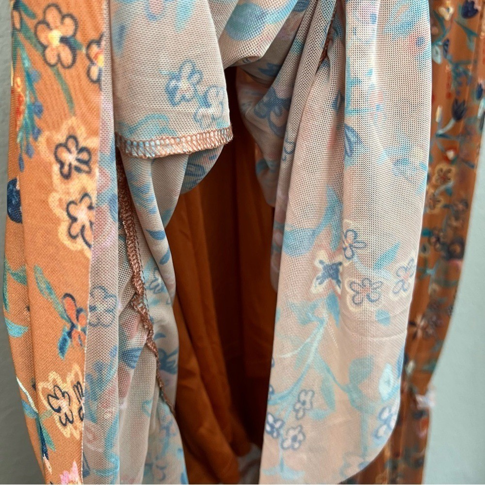Canyon Retreat Mesh Cottagecore Modest Flutter Sleeve Dress Copper XL Floral