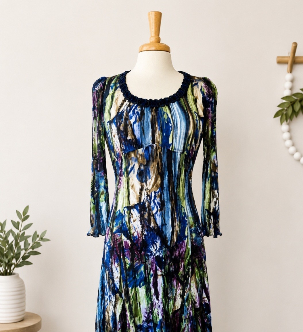 NWT Alberto Makali Pleated Midi Dress M Blue Green Abstract Beaded Velvet Trim