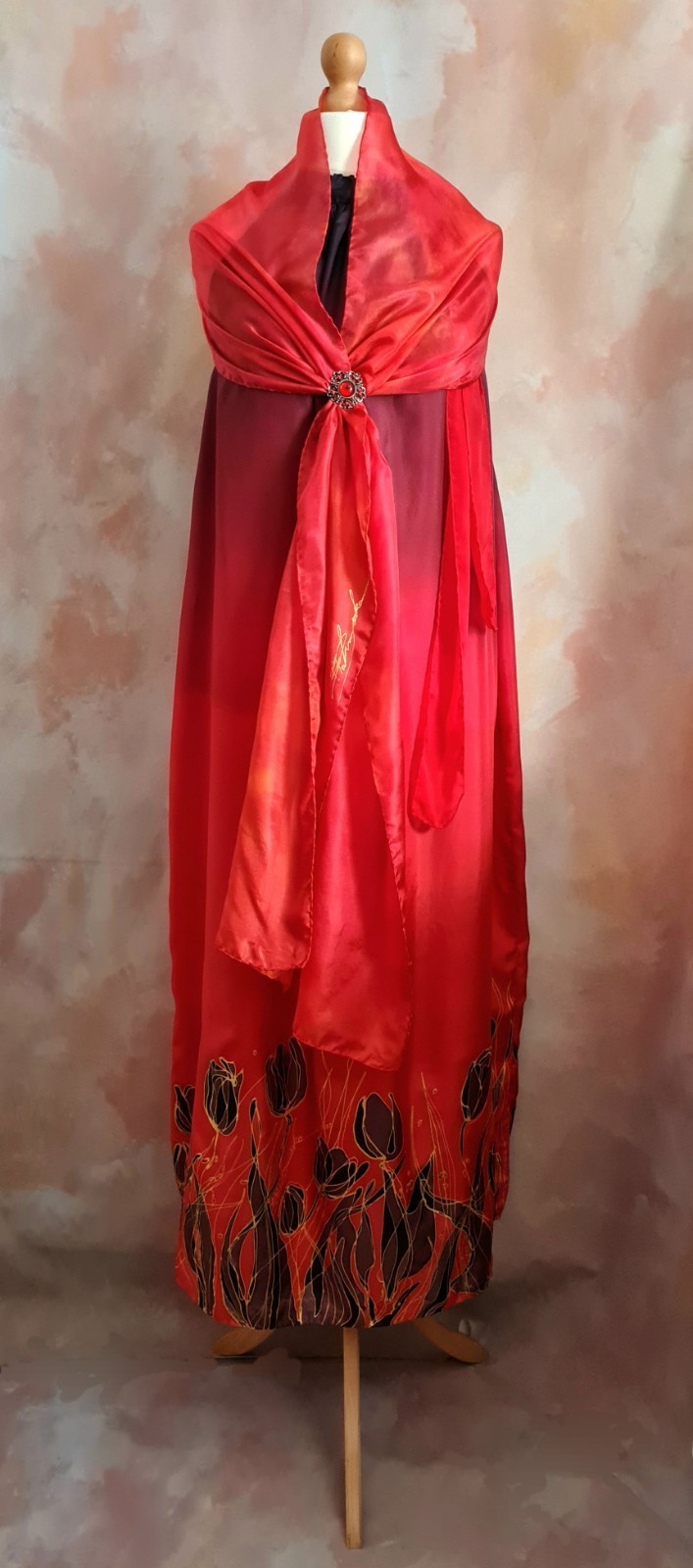 Bespoke Hand Painted Signed Silk Red/Black Tulips Summer Party Dress with Shawl