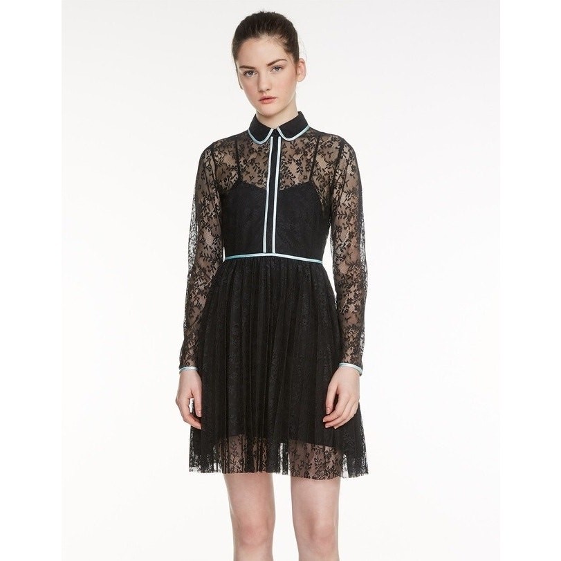 Maje Rabilo Black Floral Lace Pleated Dress Contrast Trim 1 S EUC