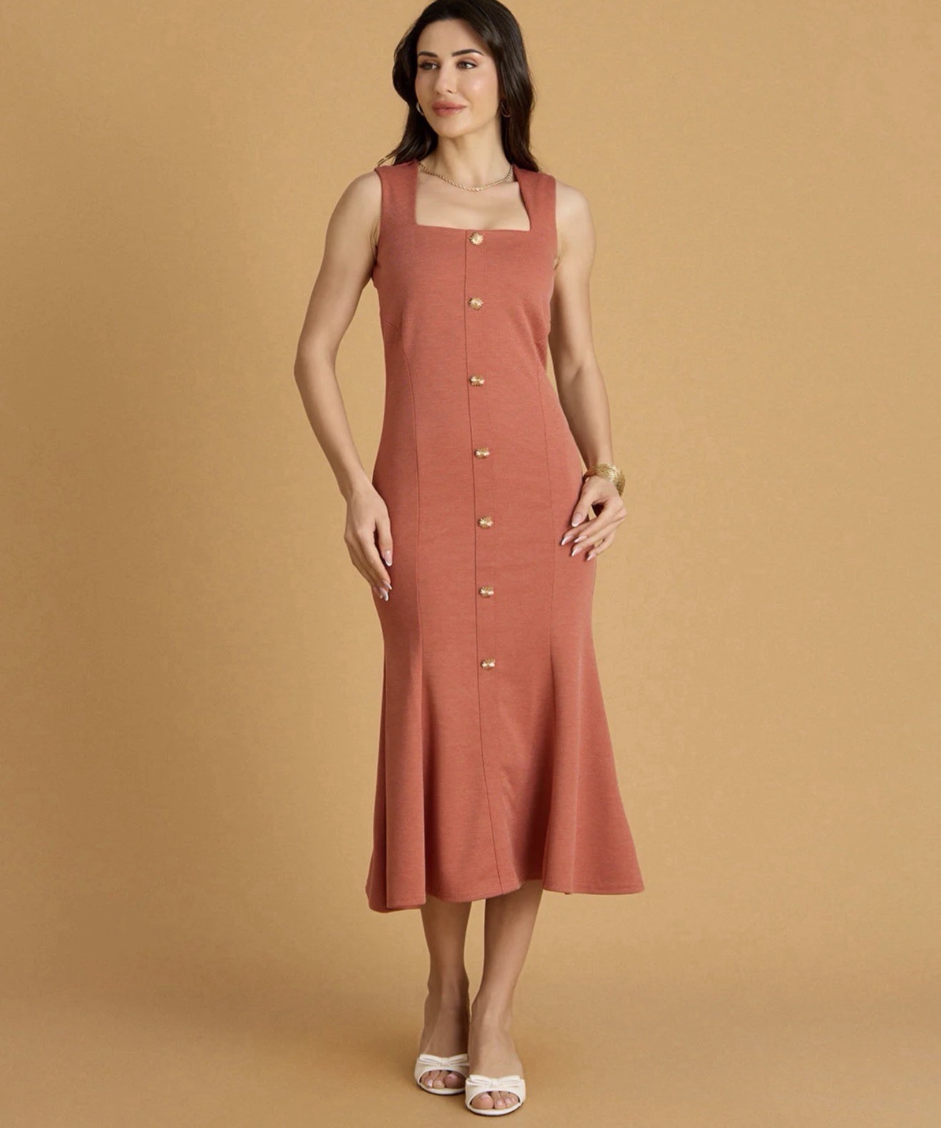 NWT Zara Buttoned Piqué Dress Midi Sleeveless A-line Terracotta Orange Small